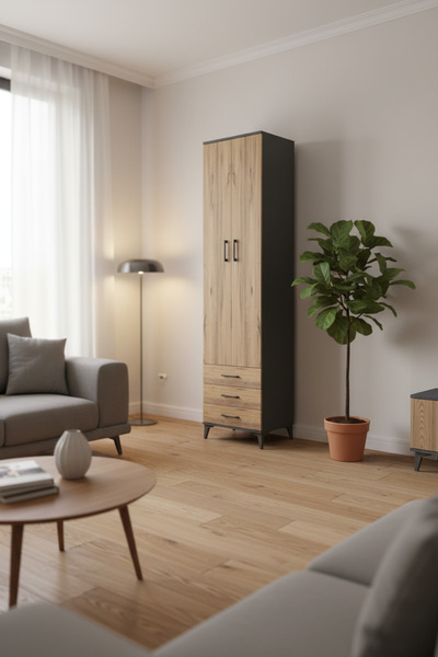 mobihobi Luna 5 Raflı 3 Çekmeceli 2 Kapaklı Antrasit-Çam Dolap (60x44x243cm) ...