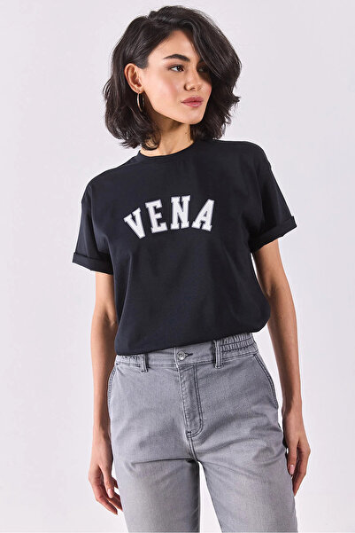 VENA Jeans Printed Crew Neck Regular Fit T-Shirt-Black