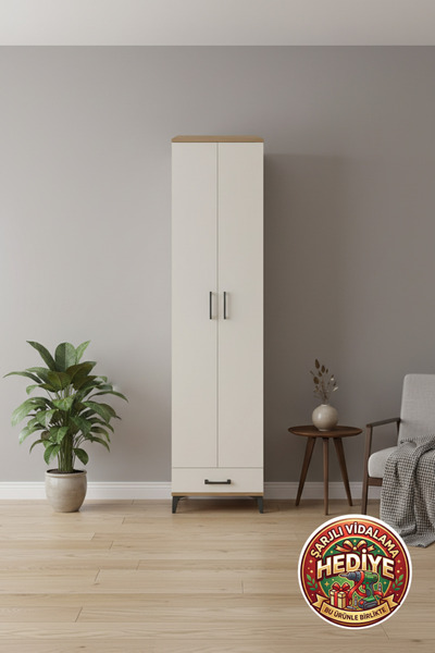 mobihobi Luna Dolap 6 Raflı, 1 Çekmeceli, 2 Kapaklı Çam-Aytaşı | 60x44x243