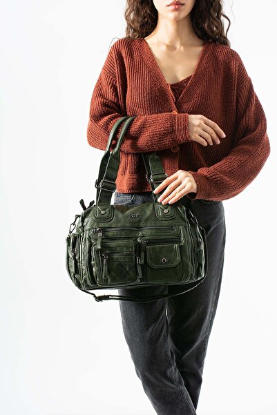 571 Collections Çanta Πλυμένη δερμάτινη τσάντα ώμου με πολλές τσέπες, πράσινο...