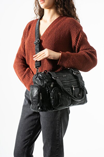 Washed Leather Multi-Pocket Shoulder Sleeve Bag Black Model: (571-12P)