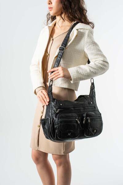 571 Collections Çanta Πλυμένη δερμάτινη τσάντα ώμου με πολλές τσέπες, μαύρη Μ...