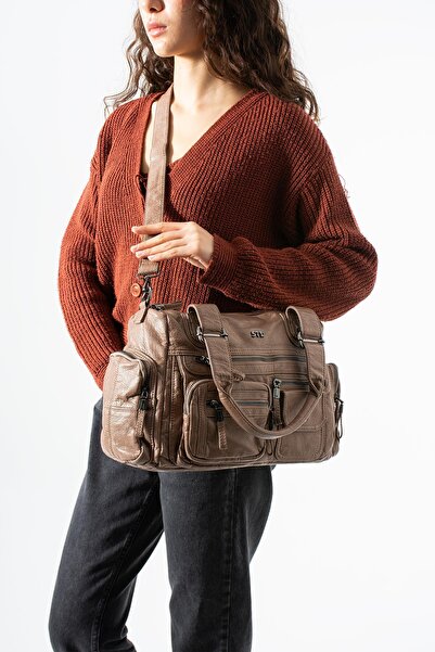 571 Collections Çanta Πλυμένη δερμάτινη τσάντα ώμου με πολλές τσέπες, μοντέλο...