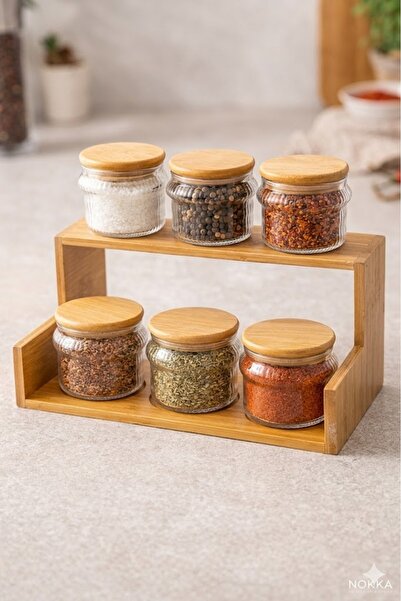 NOKKA 6-Piece Spice Rack Set (8X8 cm) with Wooden Stand – Kitchen Organizer &...