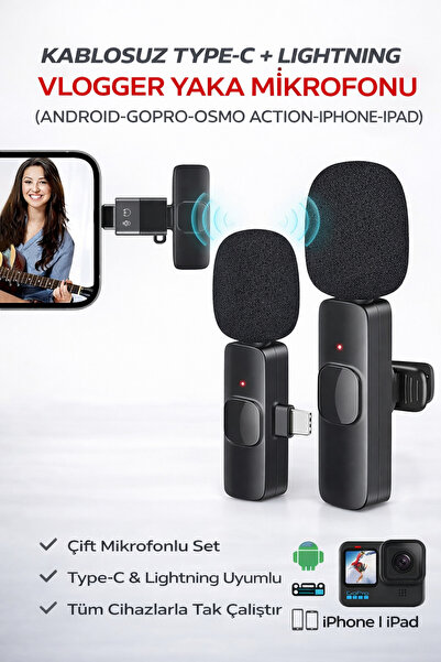 Ecuy Kablosuz Yaka Mikrofonu Type-C Lightning Uyumlu Vlogger Mikrofon iPhone ...