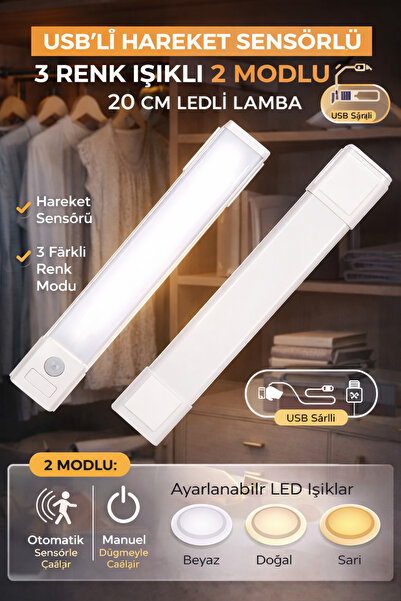Ecuy Hareket Sensörlü LED Lamba 20cm USB Şarjlı 3 Renk Işık Dolap Mutfak Tezg...