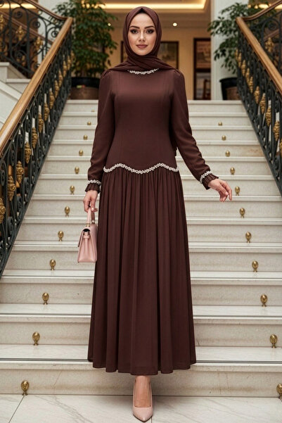 N.S NEVA STYLE فستان سهرة بني مزين بالخرز للحفلات الإسلامية 55212KH
