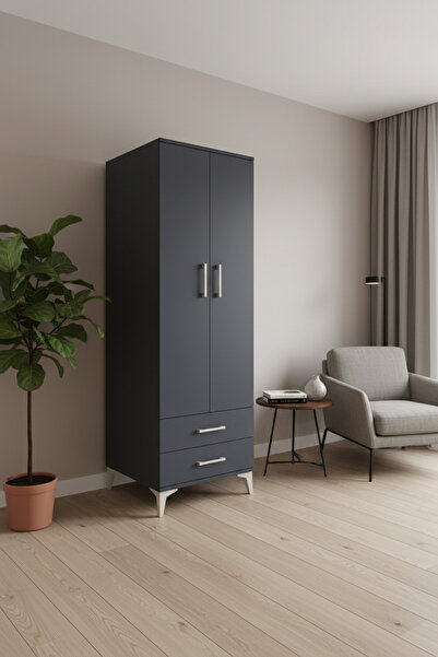 mobihobi Aura Antrasit Dolap: 2 Çekmeceli, 1 Raflı, Tek Askılı 60x59x182 CM -...