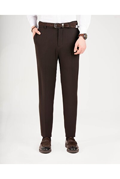 TerziAdemAltun İtalyan stil slim fit erkek bel detaylı pantolon kahverengi T2...