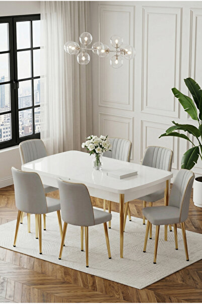 DEREN HOME Ada Gold Serisi 80x132 Açılabilir Masa +6 Adet Silinebilir Sandaly...