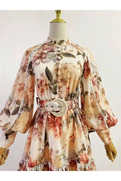 Zaghou High Neck Long Sleeve Dress with Belt and Floral Pattern