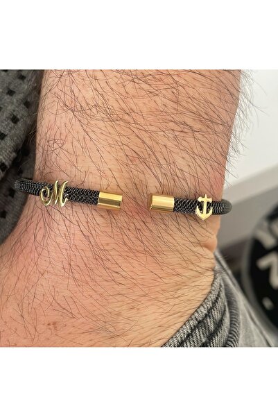 simurg jewellery Gümüş Harf ve Çapa Logolu Siyah Çelik Bileklik