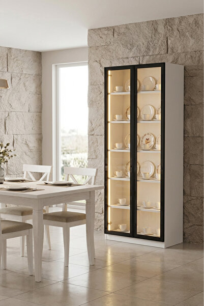 benim odam Diva Çok Amaçlı Dolap Ledli 2 Kapılı Cam Kapaklı Kahve Köşesi Mutf...