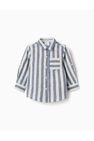Ziddy قميص مخطط من القطن والكتان للأولاد من يو آند مي، أبيض/أزرق