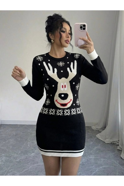 EGEMS Women's Slim Fit Christmas Themed Knitwear Dress -32494