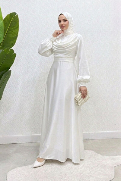 Tesettür Diyarı Λιτό βραδινό φόρεμα - Λευκό - Μακρύ