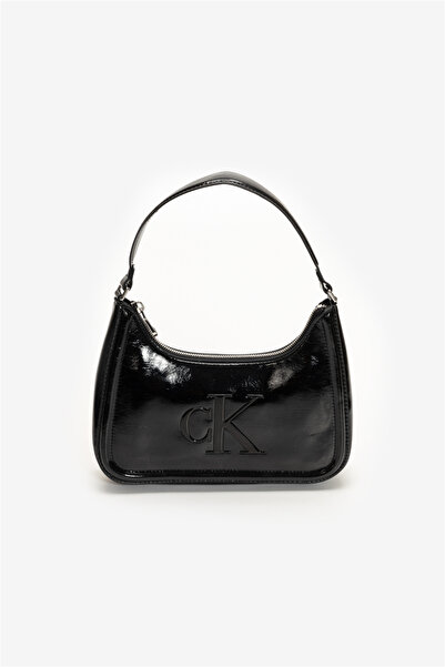 Calvin Klein Women's Large Ck Logo Short Strap Shiny Leather Black Shoulder Bag