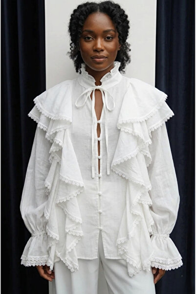 LOKADI Lace Scallop Detailed Flounce Bohemian Linen Blouse - Stand Collar Bal...