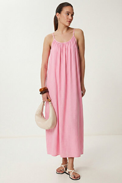 Lovelyİstanbul Strappy Summer Long Muslin Dress Lgx0007 Pink