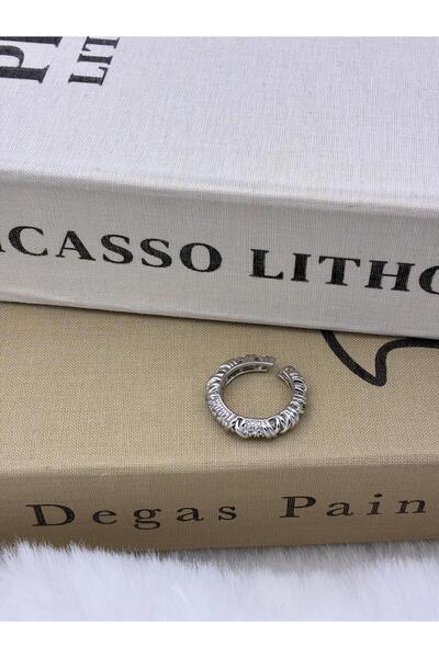 Hedef Bijuteri Silver Color Zircon Stone Curved Adjustable Brass Ring T2