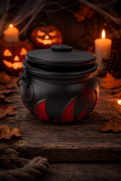 PARTİPORT Cadı Kazanı Şekerlik Halloween Dekoratif Kapaklı Kutu Siyah Kırmızı...