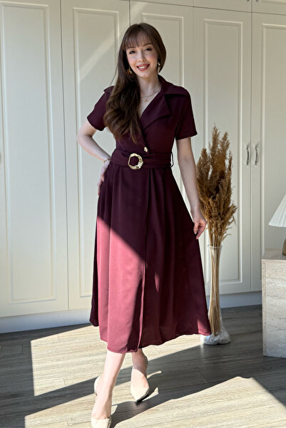 Dilay Gökoğlu Butik Χρυσό Φόρεμα Μίντι Μπορντό με Κολάρο Πουκάμισου και Ζώνη