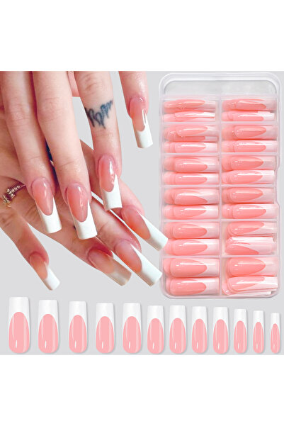 Choice4 glossy 120Pcs Glossy Pink French Press On Nails 12-Sizes Long Square ...
