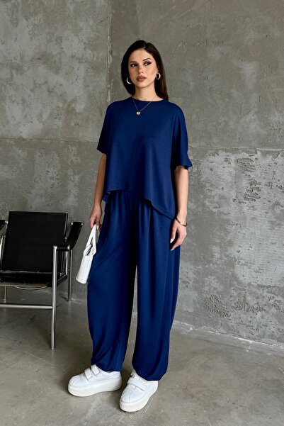 BEJNA Γυναικείο Σετ Μπλε Ναυτικό με Παντελόνι Σαλβάρ και Μπλούζα με Υφή Modal