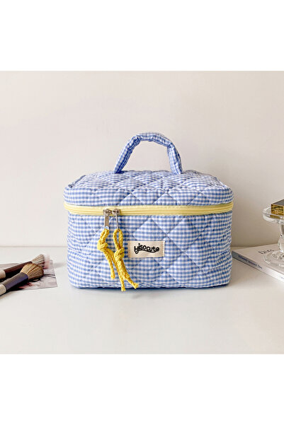 choice2 1pc Blue Plaid Cosmetic Bag Set Simple Style Large Capacity Portable ...