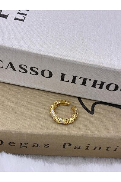 Hedef Bijuteri Gold Color Zircon Stone Curved Adjustable Brass Ring T2