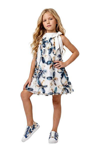 LADYGOLD KIDS Kız Çocuk Çiçek Aplikeli Tül Fiyonk Detaylı Şık Elbise 6-9 Yaş