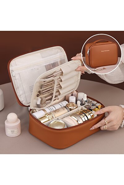 choice2 brown PU Leather Double Layer Makeup Bag Large Capacity Cosmetic Bags...