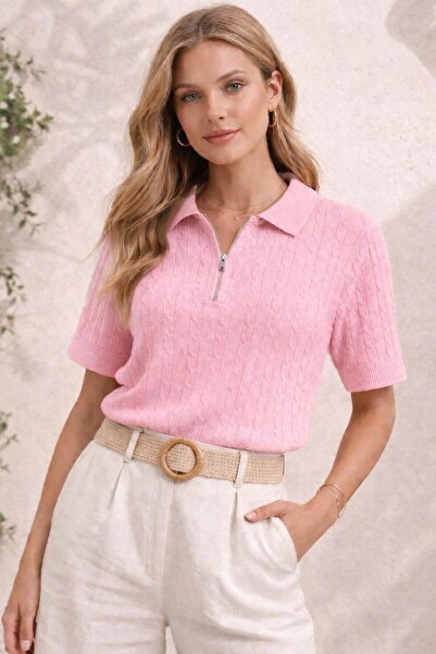 Woolvera Kadın Saç Örgü Ferfmuarlı Triko Polo Yaka Kısa Kollu Bluz-Fit Kesim ...