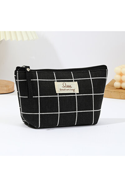 Choice5 black grid Japanese and Korean canvas makeup bag Simple and portable ...