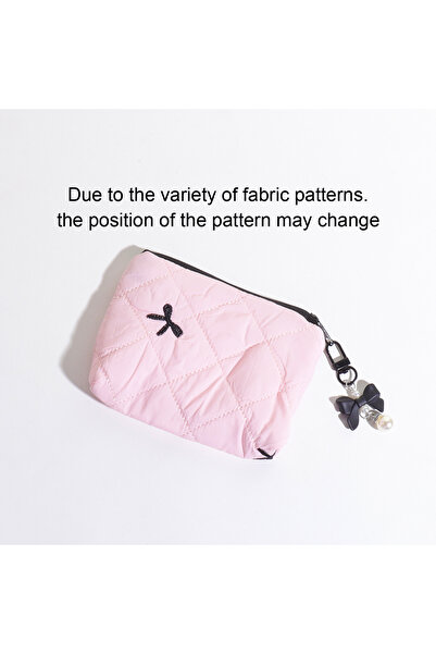 Choice Pink Quilted Bow Makeup Bag, Portable Travel Pouch for Lipstick, Earph...