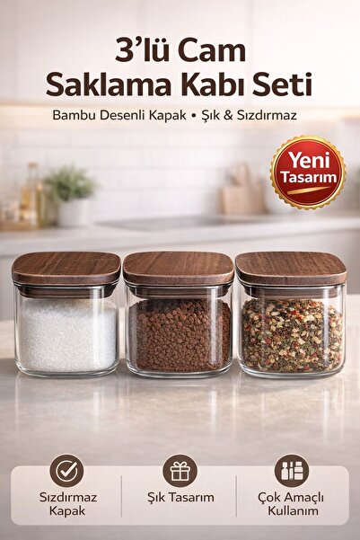 Funny Life 3-Piece Glass Jar Set with Bamboo Pattern Lids, Leak-Proof Spice, ...