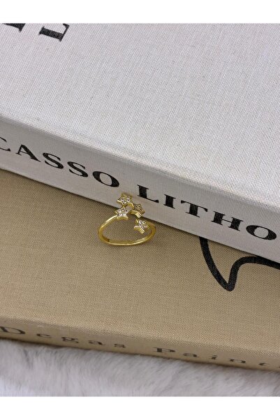 Hedef Bijuteri Gold Color Zircon Stone Four Star Adjustable Brass Ring T2