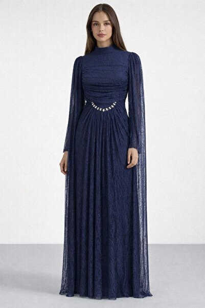 Olcay Spitzen-Hijab-Abendkleid mit Stein- und Umhangdetails DUNKELBLAU 1255