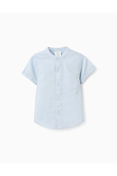 Ziddy Linen And Cotton Short Sleeve Shirt With Pocket For Baby Boys, Light Blue