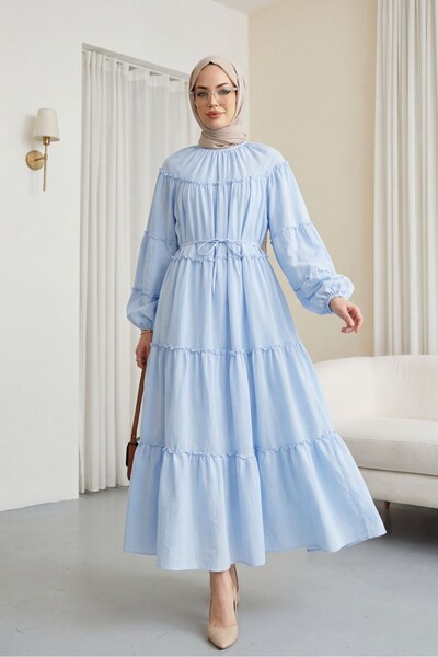 Modamorfo Φόρεμα με ελαστικό μανίκι, δέσιμο στη μέση και λεπτομέρεια με βολάν...