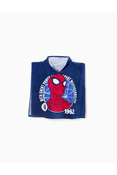 Ziddy Hooded Beach Poncho In Cotton With Spider-Man For Boys, Dark Blue