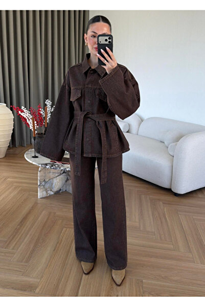 My Blog Καφέ Σετ Παντελόνι και Μπουφάν Τζιν με Δέσιμο, Πλενόμενο