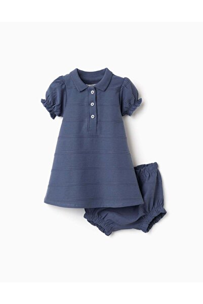 Ziddy Cotton Dress + Bloomers With Embossed Lines B&S For Newborn Girls, Indigo