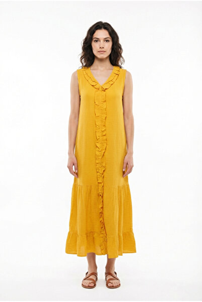 Eliş Şile Bezi Αμάνικο φόρεμα με βολάν, λαιμόκοψη V, καλοκαιρινό μακρύ φόρεμα...