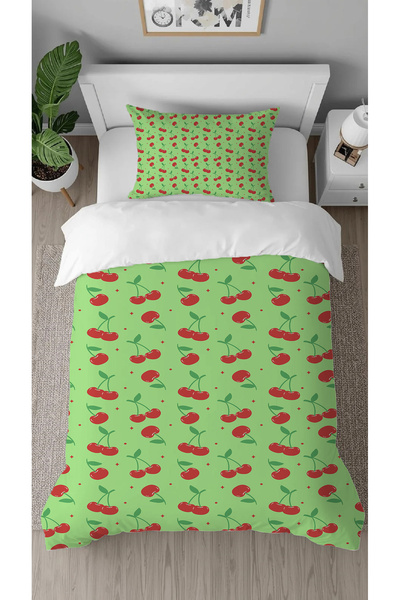 GREENDECOR طقم غطاء لحاف أنيق مفرد بدون ملاءات، مزين بنمط فاكهة الكرز، مطبوع ...