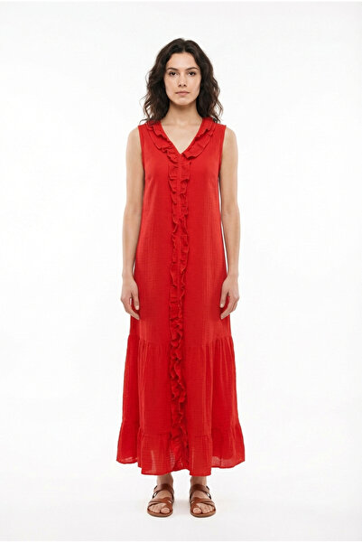 Eliş Şile Bezi Αμάνικο Φόρεμα με βολάν σε σχήμα V, Καλοκαιρινό Μακρύ Φόρεμα Μ...