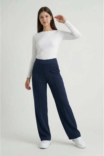 MODASPARK Navy Blue High Waist Women's Palazzo Trousers with Pockets