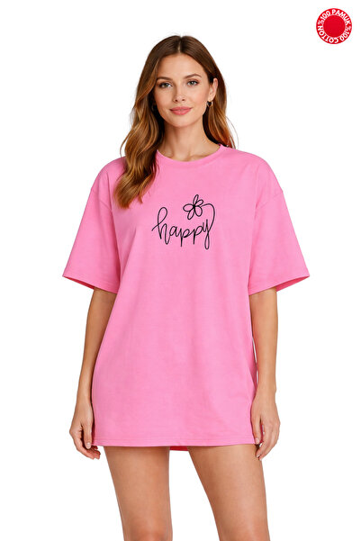 CLAYES Unisex Oversize Ροζ μπλουζάκι με στάμπα Happy Text, 100% βαμβάκι, ελάχ...