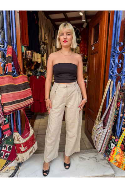 Miss Boheme Beige Color Pleated Detailed Linen Palazzo Trousers