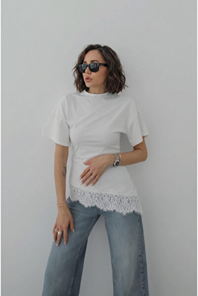 SHILSEE BEUTİQUE ΓΥΝΑΙΚΕΙΑ ΑΣΥΜΜΕΤΡΗ ΔΑΝΤΕΛΕΝΙΑ ΜΠΛΟΥΖΑ ΜΕ ΛΕΠΤΟΜΕΡΕΙΕΣ ΛΕΥΚΗ